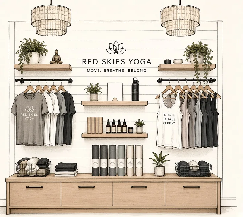 Sketch of the Red Skies Yoga boutique wall with apparel, mats and props under the studio chandeliers.